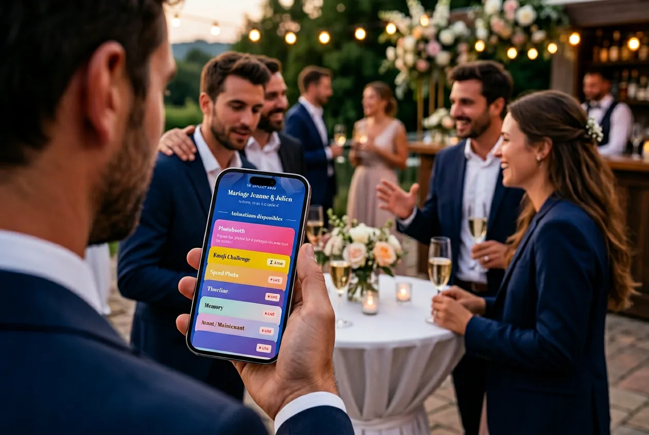 wedding guest playing with their phone at Livenly's wedding activities