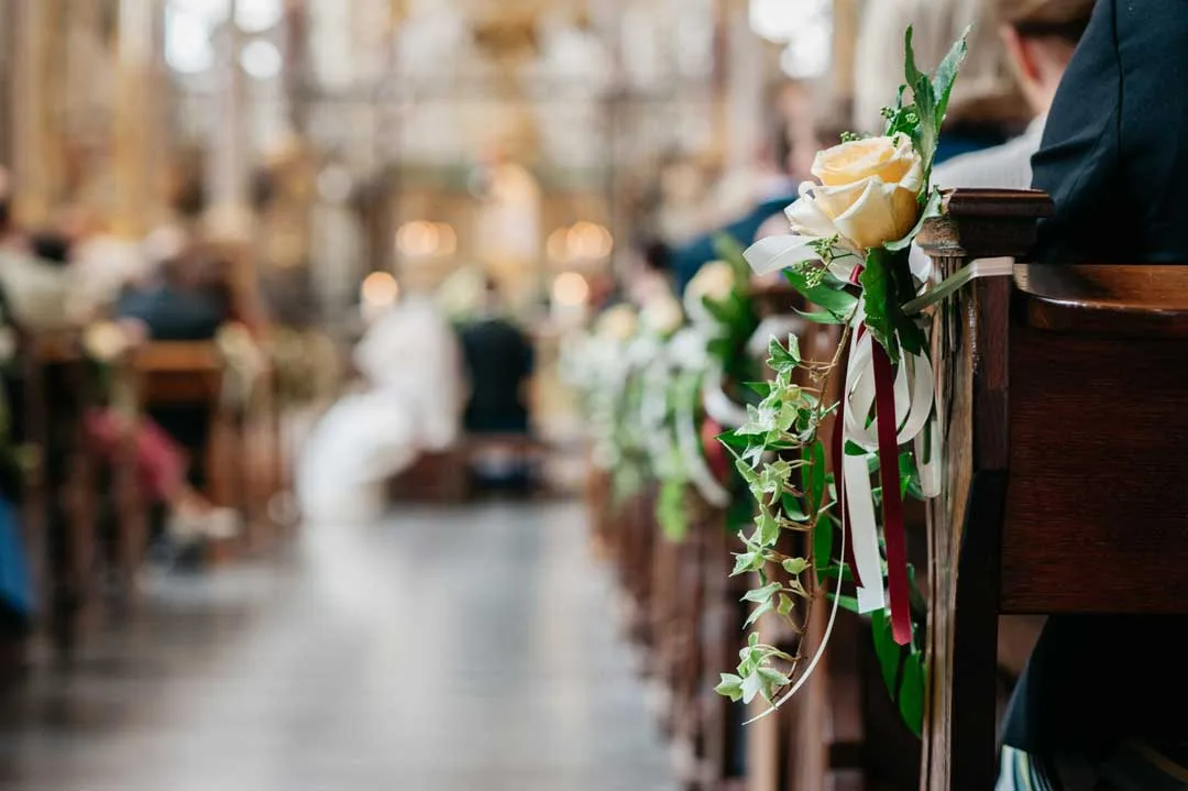 Religious ceremony decoration church with newlyweds